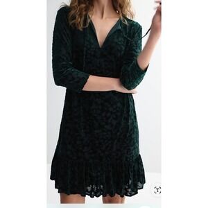 Harper Rose Burnout Velvet Floral Dress Emerald Green Ruffle Hem Tie Neck NWT